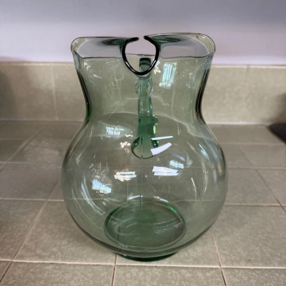 Vintage Sage Green Glass Pitcher Round Hand Blown Water Carafe with Handle 9